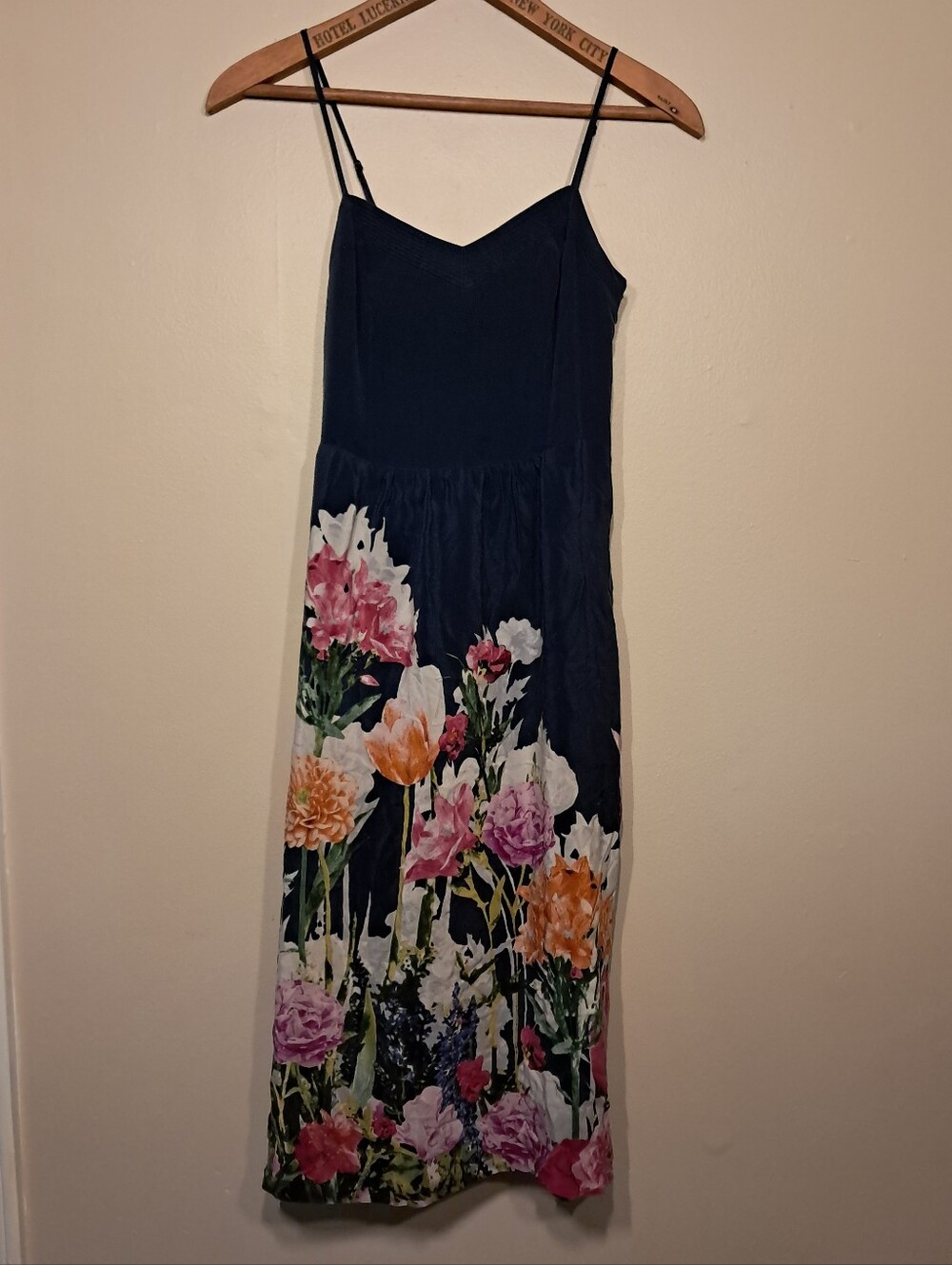Moulinette Soeurs Anthropolgie Floral-Print Navy Spaghetti Strap Silk Dress